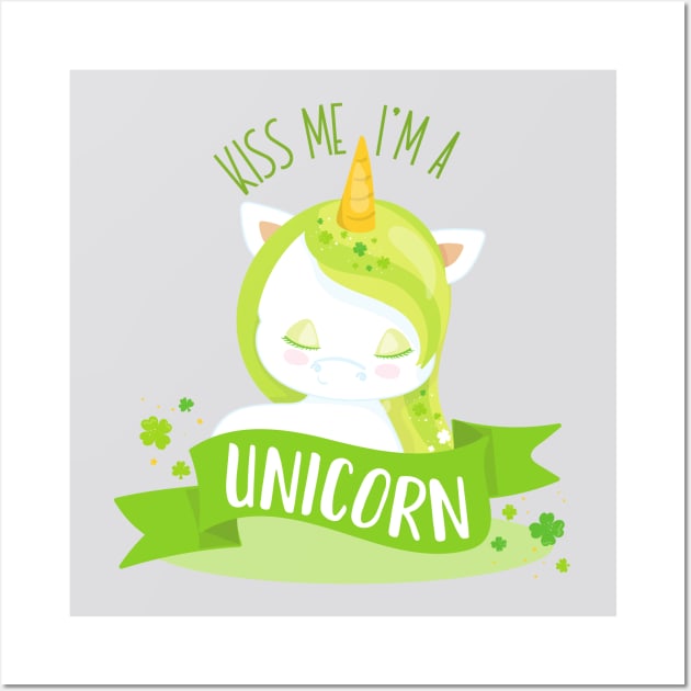 Saint Patrick's Day, Clovers, Kiss Me I'm Unicorn Wall Art by Jelena Dunčević